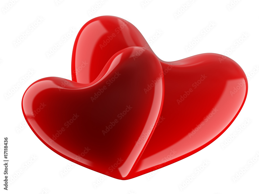Wall mural isolated two hearts on white background. 3d image.