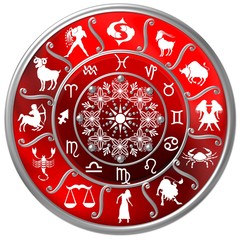 Rote Horoskopscheibe mit Sternzeichen Symbolen