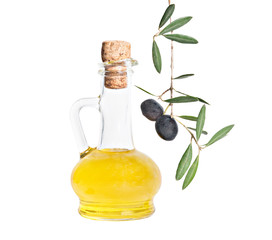 Bottle of olive oil and olive branch isolated on white backgroun