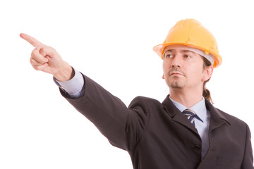 Engineer with yellow hat, pointing forward
