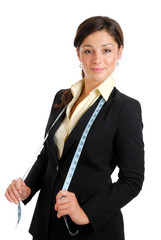 Business woman wearing a measuring tape
