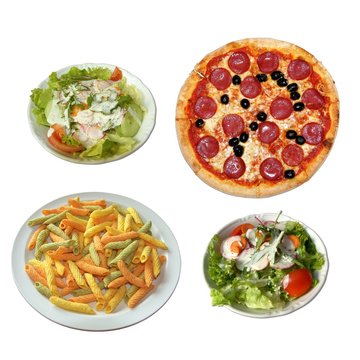 pizza, pasta und salat