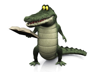 Cartoon crocodile reading book.