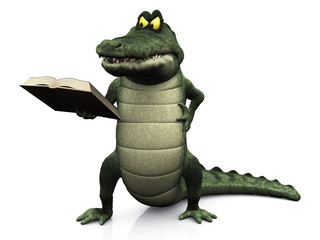 Angry cartoon crocodile reading book.