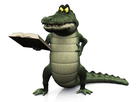 Angry Cartoon Crocodile Reading Book.