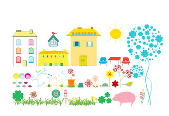 houses and flowers, a collection of various elements