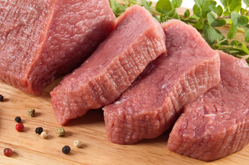 Raw beef on cutting board isolated on white background