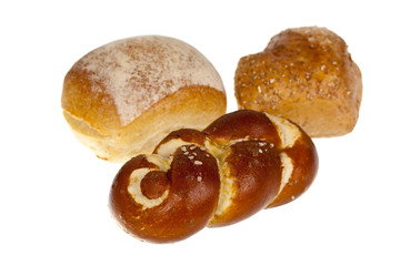 Brötchen und Brezel,freigestellt auf Weiss