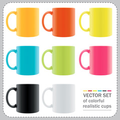 8 colored mugs with abstract summer drawings.