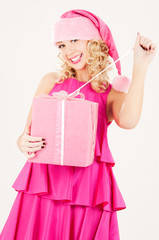 cheerful santa helper girl with gift box