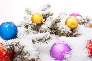 Fototapeta na wymiar Christmas balls with snow close-up