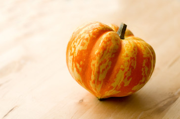 Harvest time! Small orange pumpkin on the wooden table