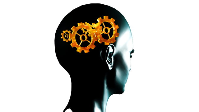 Human head with gears and cogs in motion. Concept of thinking