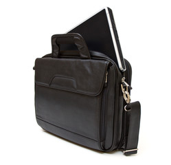 Black leather computer bag with laptop