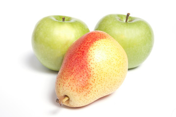 Pear and two green apples, isolated on white