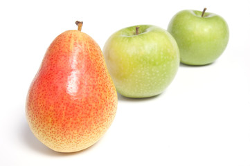 Arranged pear and green apples, isolated on white