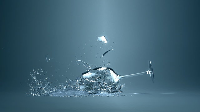 Breaking glass with alcohol or water (3d slow motion hd)