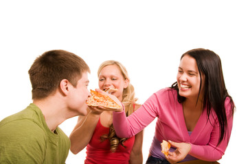 Friends are having fun and eating pizza