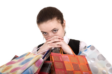 Business women with group of shopping bag. Isolated.