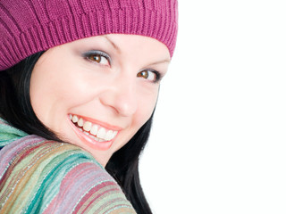 closeup of smiling brunette woman in fall clothes