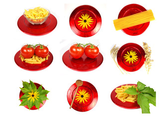 Set made of red plate,uncooked pasta and tomatos