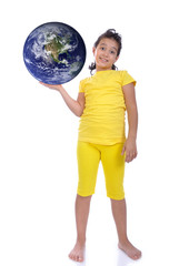 Little beautiful girl in yellow with Earth ih hand