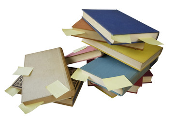 Pile of vintage books with blank stickers free copy space