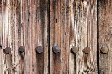 Weathered wooden texture with rusty forged nail heads
