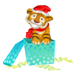 A tiger cub sits near boxes with gifts