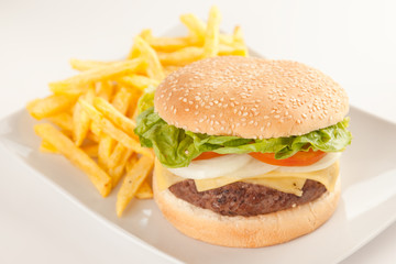 Fresh homemade Beef tomato cheese onion burger isolated