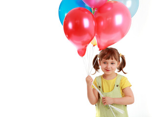 Fototapeta na wymiar little girl holding colorful balloons on a white background