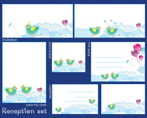 Reception card set with birds and clouds