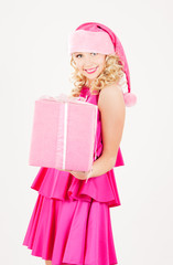 cheerful santa helper girl with gift box