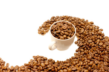 White cup with coffee beans isolated