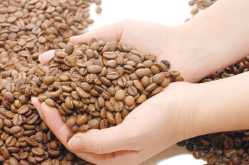 Coffee bean in human hands