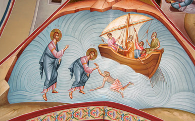 Fresco of Christ and apostle Petrus - obrazy, fototapety, plakaty