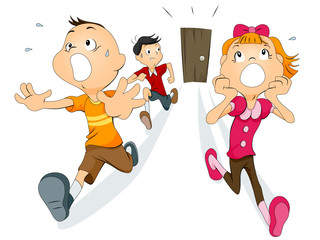 Scared Children running away from the door