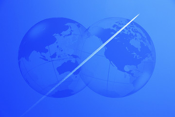 飛行機雲と世界地図