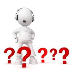 employee in earphone answers small and uncomplicated questions