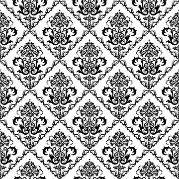 Seamless black & white floral wallpaper with diamond shape frames