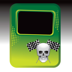 Skull and racing flags on green halftone advertisement