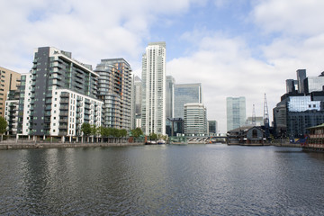 A view of Canary Wharf from the Isle of Dogs water canals