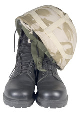 dessert helmet and boots isolated on white background