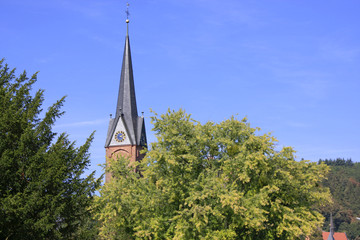 Kirchturm hinter Bäumen