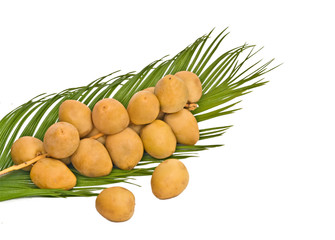 A bunch of fresh dates on palm leaf