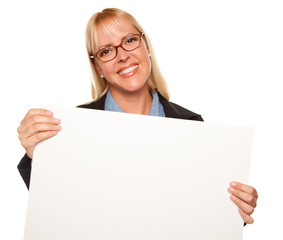 Fototapeta premium Attractive Blonde Holding Blank White Sign