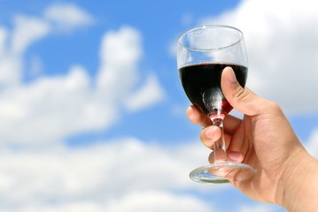 hand holding a glass of wine with sky background