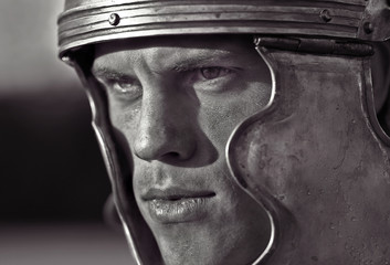 Roman soldiers. Close-up face. - obrazy, fototapety, plakaty