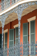 Ornate ironwork gallery in French Quarter house