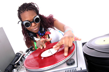 cool afro american DJ in action isolated on white